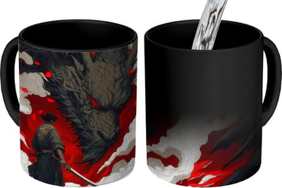 Magische Mok - Foto op Warmte Mokken - Koffiemok - Krijger - Draak - Zwart - Rood - Rook - Magic Mok - Beker - 350 ML - Theemok