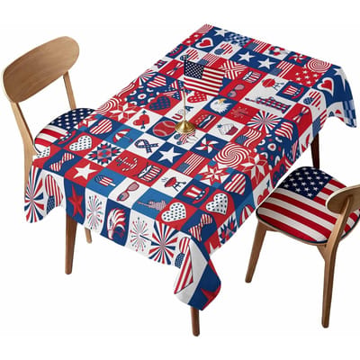Couronne de fleurs du Jour de l'Indépendance Nappe rectangulaire imperméable Fleur étoile rouge bleue Drapeau USA Housse de table pour dîner cuisine 100x160cm