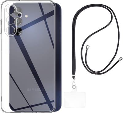 Set met hoesje en nekband voor Samsung Galaxy a25 5g - Flexibele, transparante TPU-bescherming, verstelbare universele nekband voor mobiele telefoons, zwarte nekband, transparante draagriem van Phonillico®