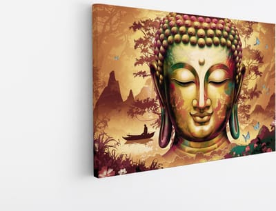 Saammp Canvas Schilderij - Boeddha met vlinders en bloemen - 45x30 - Foto op canvas - Wanddecoratie - Muurdecoratie Woonkamer - Canvas schilderijen