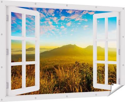 Gards Tuinposter Doorkijk Bergen met Mist in Thailand - 180x120 cm - Tuindoek - Tuindecoratie - Wanddecoratie buiten - Tuinschilderij