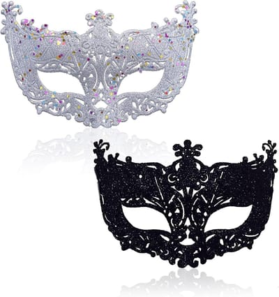 Masquerade mask set met zwart & zilver filigree design - Feestelijke oogmaskers voor maskeradebal met Kerst thema