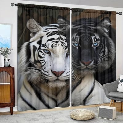 2 stuks Witte Tijger Zwarte Tijger Stijl Bedrukt Gordijn voor Huisdecoratie - Tunnel voor Roede Raambekleding voor Slaapkamer, Kantoor en Keuken 52.5cmX116cmX2pcs gray