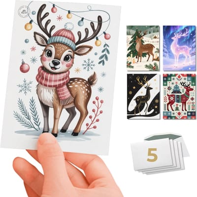 Inspra Studio – Luxe Kerstkaarten met Enveloppen – 5 Stuks – Dieren Wenskaarten Collectie – Mix van 5 Unieke Illustratiestijlen – Rendier
