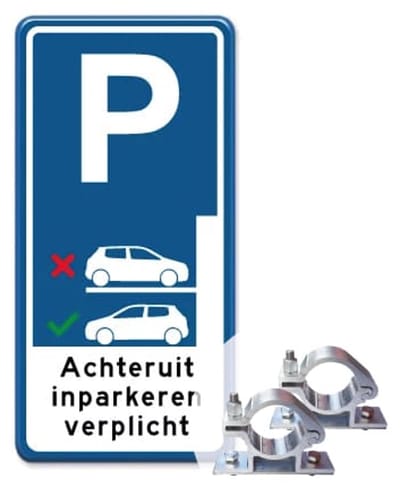 Parkeerbord Achteruit inparkeren verplicht 30x60 cm - blauw - Bevestiging: Met paalbeugels Ø48mm