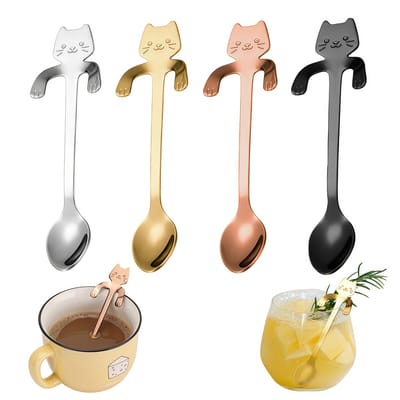 4-delige set - Koffielepel van roestvrij staal in de vorm van een kat - Lepel - Bestek - Drinkgerei - Theelepel - Ophangbaar ontwerp - Kan gebruikt worden als dessertlepel, roerlepel, smoothielepel, jamlepel - Zilver/Goud/Roségoud/Zwart -11,7*3,1 cm