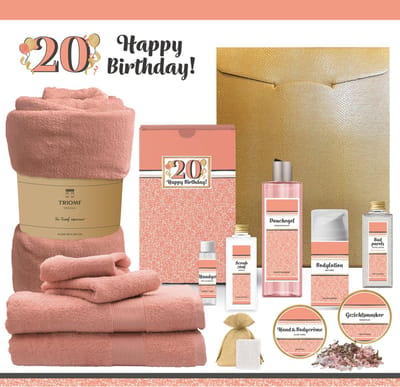 Geschenkset “20 Jaar Happy Birthday!” - 13 producten - 1980 gram | Giftset Cadeau Verjaardag - Speciaal Voor Haar Vrouw Gefeliciteerd Cadeaupakket Geschenk Pakket Gift Set Party Verjaardagscadeau Luxe Wellness Cadeaubox - Zalmroze