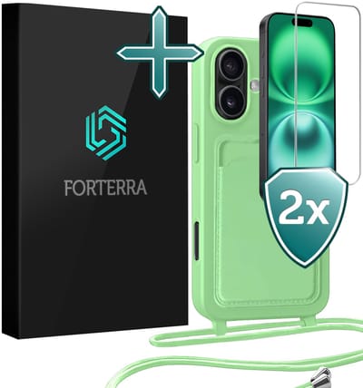 Hoesje Geschikt voor iPhone 16 Plus Pashouder Case Siliconen Hoes Met Koord Met 2x Screenprotector - Hoes Geschikt voor iPhone 16 Plus Met Telefoonkoord Hoesje Back Cover Met Pasjeshouder - Groen