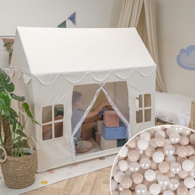 KiddyMoon Speelhuis Kindertent Met 200 Ballen Voor Kinderen Kinderhuis Opvouwbaar Ontwerp KiddyMoon Speeltent Indoor Creativiteit Kindertent Voor Binnen En Buiten Kinderkamer, Natuurlijke Kleur:Pastel Beige/Wit/Parel
