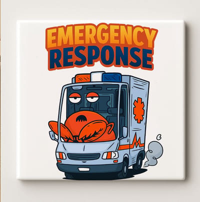 Emergency Response Grappige Krab Tegel – 15x15cm Keramische Wanddecoratie – Humoristisch Cartoon Ambulance Ontwerp voor Huis of Kantoor