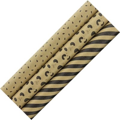 BRUINE PAREL assortiment 100% Recycled 70 Gr/m2 cadeaupapier inpakpapier met goudkleurig design - 70 cm x 2 meter - 3 rollen