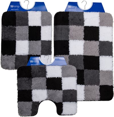Wicotex - Badmat set - Badmat - Toiletmat - Bidetmat Zwart Wit geblokt - Antislip onderkant - WC mat met uitsparing