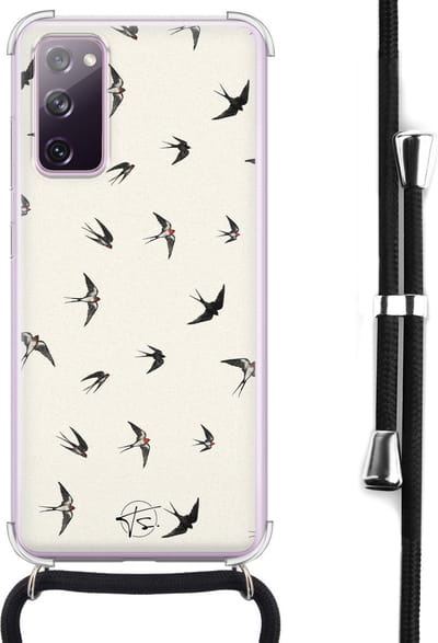 Hoesje met koord geschikt voor Samsung Galaxy S20 FE - Vogels / Birds - Inclusief koord - Crossbody beschermhoes - Transparant, Beige - Mooie Telefoonhoesjes