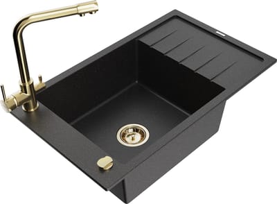 Mexen Elias granieten gootsteen 1-komerig met afdruiprek en keukenkraan Duero, zwart/zilver metallic - 6511-73-671600-50