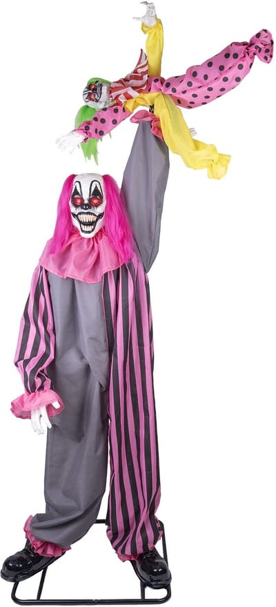 ESPA - Geanimeerde en geluiddecoratie enge clown die een meisje vasthoudt 210cm