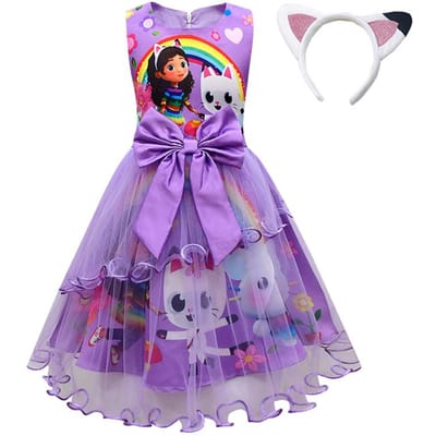 Gabby's poppenhuis Kinderen Zomer Gabby Katten Jurk Baby Meisjes Schattige Kant Prinses Jurk Peuters Meisjes Verjaardagsfeest Jurken Hoofddeksel 130 purple