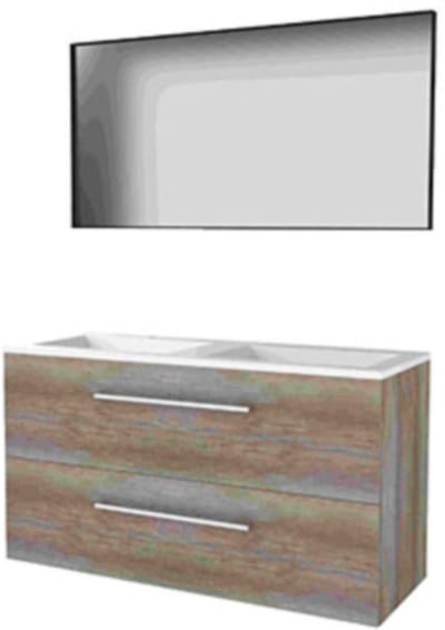 Basic-Line Framed 46 Badkamermeubelset - 120 x 46 cm - Met Grepen - 2 Lades - Acryl Wastafel - Zonder Kraangat - Spiegel met Zwart Aluminium Frame - Scotch Oak