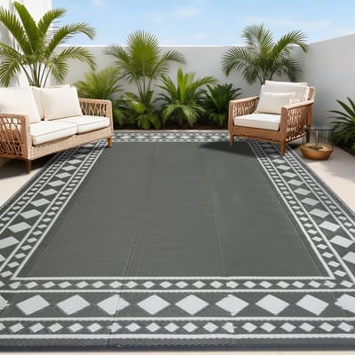 Waterdichte buitentapijten voor terrassen, 150 x 245 cm, omkeerbaar tuintapijt, UV-bestendig plastic tapijt, buitenmatten voor tuin, camper, camping, balkon, stranddek, grijs