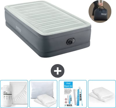 Intex Luchtbed - 1-Persoons - 99 x 191 x 46 cm - Grijs - Inclusief pomp - Hoeslaken - Kussen - Reparatieset en Kussenbeschermer