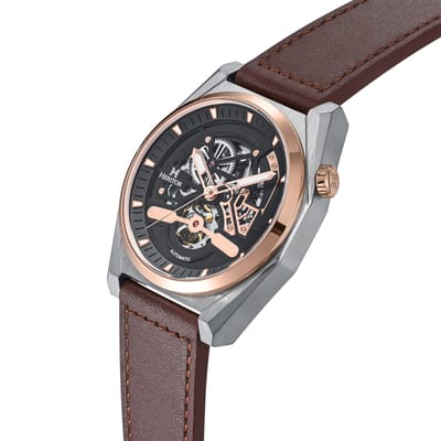 Heritor Automatic Amadeus Semi-Skelet leren band horloge - Roségoud/Bruin