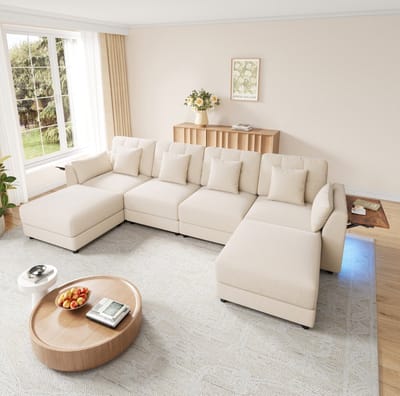 STILVORA Hoekbank 292 X 135 X 82 Cm - Modulaire U Bank Met 2 Verplaatsbare Hockers, Ledverlichting En Opklapbaar Armleuningtafelblad - Voor Woonkamer En Gezinsruimte - Chenille - Beige