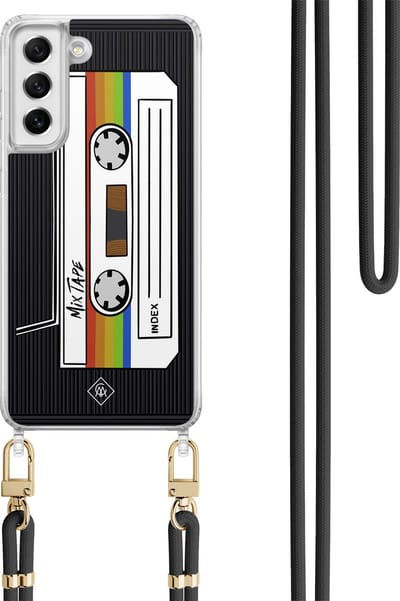 Casimoda® hoesje met koord - Geschikt voor Samsung S21 FE - Cassette Mixtape - Afneembaar koord - TPU/polycarbonaat - Zwart