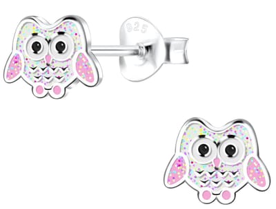 Joy|S - Zilveren uil oorbellen - glitter wit roze - 7 x 6 mm - kinderoorbellen