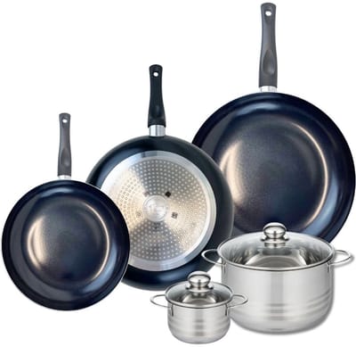 Set van 3 Koekenpannen 24, 28 en 32 cm en 2 kookpotten 12 en 20 cm Elo Prima Glanzend