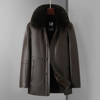 Veste d'hiver en cuir pour homme, chaude et moelleuse, avec col épais en fourrure, veste intégrée en fourrure, veste en cuir 4XL black