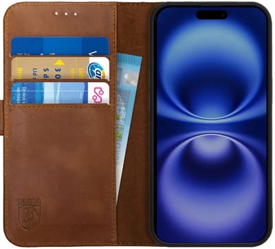 Rosso Deluxe Echt Leer Hoesje Geschikt voor Apple iPhone 16 Pro | Ruimte voor drie pasjes | Portemonnee Book Case | Met Pasjeshouder | Bruin