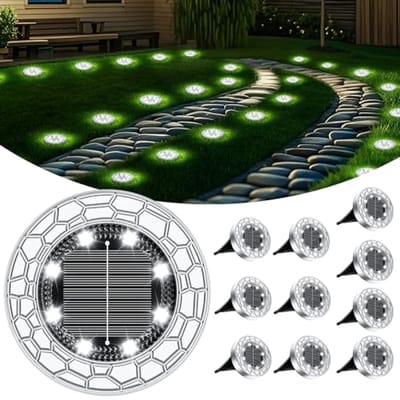 10 stuks vloerlampen op zonne-energie voor buiten, 8 leds, warmwit, roestvrij staal/kunststof, waterdicht, voor tuin, gazon, pad