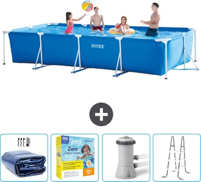 Intex Rechthoekig Frame Zwembad - 450 x 220 x 84 cm - Blauw - Inclusief Solarzeil - Onderhoudspakket - Zwembadfilterpomp - Ladder