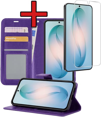Hoesje - Met Screenprotector - Geschikt voor Samsung Galaxy S26 - Luxe Pasjeshouder - Flipcase - Bookcase Portemonee - Flip Case - Kunstleer Book Case - Book Cover - Walletcase - Portemonneehoes - Telefoonhoes - Paars