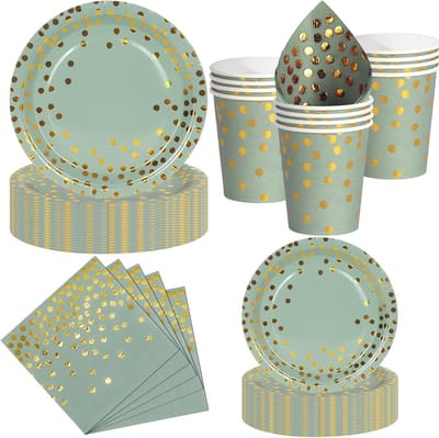 Feest Servies, 50 Stuks Saliegroen en Goud Papieren Borden Kinderfeestje Set met Wegwerp Papieren Borden, Servetten & Bekers voor Verjaardagen, Barbecues, Picknicks en Feesten