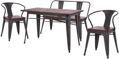 Eetkamer set MCW-H10, 2x eetkamerstoel bank eettafel kunstleer iepenhout MVG Industrial Gastronomie ~ bruin