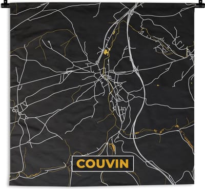 Wandkleed - Wanddoek - Stadskaart - Couvin - Goud - Kaart - Plattegrond - 180x180 cm - Wandtapijt