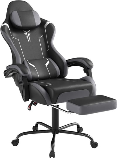 NAIZY Gaming Stuhl Ergonomisch met Lendenkissen & Kopfkissen & Armlehnen & Fußstütze Bürostuhl PC Computerstuhl 135° Neigung Hoogte verstelbaar, 150 kg belastbarkeit, Schwarz Grau(KJ433)