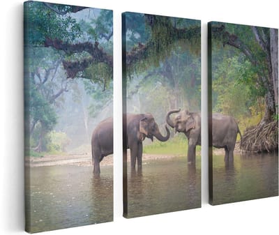 Artaza Canvas Schilderij Drieluik Twee Olifanten In Het Water - 120x80 - Foto Op Canvas - Canvas Print