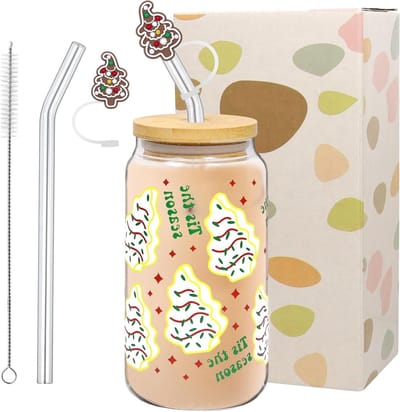 Glazen Kerstbeker met Deksel en Rietje, 500ml - Perfect voor Koffie, Thee en Kerstcadeaus voor Vrienden en Familie