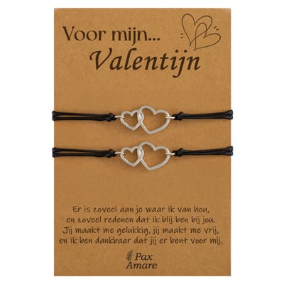 Koppel Armbandjes voor 2 "Voor Mijn Valentijn" - Verbonden Hartjes - Vriendschapsarmbandjes met Persoonlijk Cadeau Kaartje - Zilverkleurig - Elastisch Verstelbaar - Pax Amare