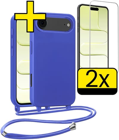 Hoesje Geschikt voor iPhone Air Hoesje Met Koord Met 2x Screenprotector Siliconen Case - Hoes Geschikt voor iPhone Air Backcover Met Afneembaar Koord - Felblauw