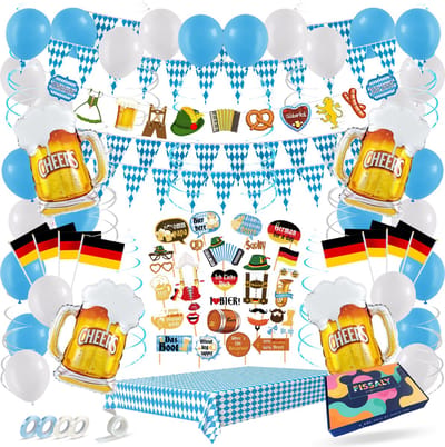 Fissaly 95 Stuks Oktoberfest Versiering Set – Feest Decoratie – Oktoberfeest & Bierfeest Pakket Dames & Heren –Tafelkleed, Ballonnen, Vlaggenlijn & Accessoires
