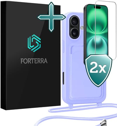 Hoesje Geschikt voor iPhone 16 Plus Pashouder Case Siliconen Hoes Met Koord Met 2x Screenprotector - Hoes Geschikt voor iPhone 16 Plus Met Telefoonkoord Hoesje Back Cover Met Pasjeshouder - Lila