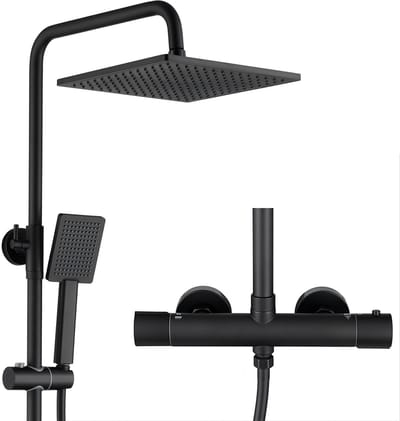 Auralum Max Regendouche - Ø 25.4 cm - Regendouche en Handdouche - Inclusief thermostaatkraan - 15 cm hartafstand - Doucheset - Verstelbare douchestang 88-124 cm - Zwart