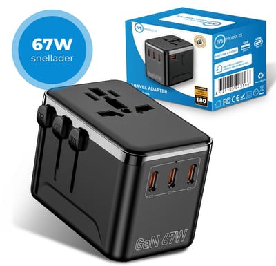 Universele wereldstekker - Snellader 67W - Reisstekker - Internationale Reisadapter - 3x USB-C en 1x USB-A - 180+ Landen - Amerika (USA) - Zuid Amerika - Engeland (UK) - Azië - Europa - Afrika - 2500W - Wereldstekker lichtgewicht - Zwart