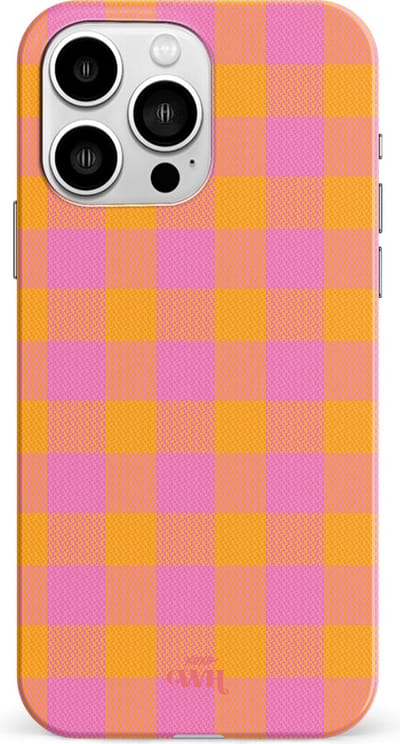 xoxo Wildhearts Brunch o'clock hoesje Single Layer - Hoesje met ruiten geschikt voor iPhone 13 Pro hoesje - Dames hoesje geschikt voor iPhone 13 Pro - Kleurrijk hoesje - shockproof case - Geruit hoesje - oranje / paars