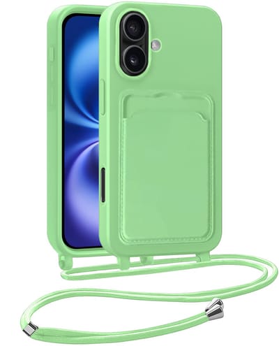 Hoesje Geschikt voor iPhone 16 Plus Hoesje Met Telefoonkoord en Pasjeshouder Siliconen - Hoes Geschikt voor iPhone 16 Plus Hoesje Met Kaarthouder Case - Groen