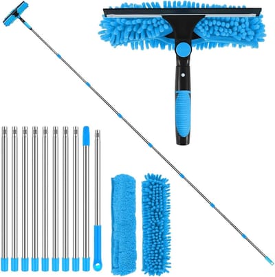 Verlengbare Raamwisser Set van 4,5 meter met 10 Stokken, Microvezel Schrobber voor Binnen en Buiten, Ideaal voor Hoge Ramen, Muren en Auto's