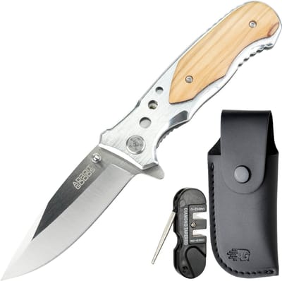 AdroitGoods RVS zakmes met houten inleg silver, incl. hoes en slijptool - Outdoor Opvouwbaar Zakmes – 21 cm Vouwmes met 9 cm RVS Snede, 3 mm Dikke Constructie & Hybride Staal/Hout Handgreep voor Outdoor, Camping, Trektochten en Dagelijks Gebruik
