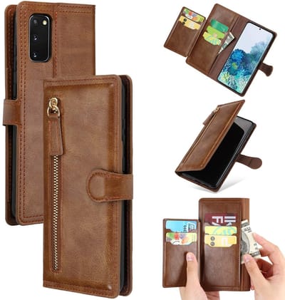 Premium vintage portemonnee hoesje met ritssluiting flip-cover hoes met kaarthoudersleuven Geschikt voor: Samsung Galaxy S21 FE - Donkerbruin
